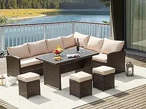 Pieces Patio Furniture Set with Table, Outdoor Patio Furniture, Outdoor Dining Sectional Sofa with Table&Chair, Brwon