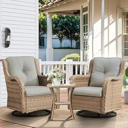 Chair Outdoor, Patio Bistro Furniture Conversation Set, Cushioned Wicker Chair with Glass Coffee