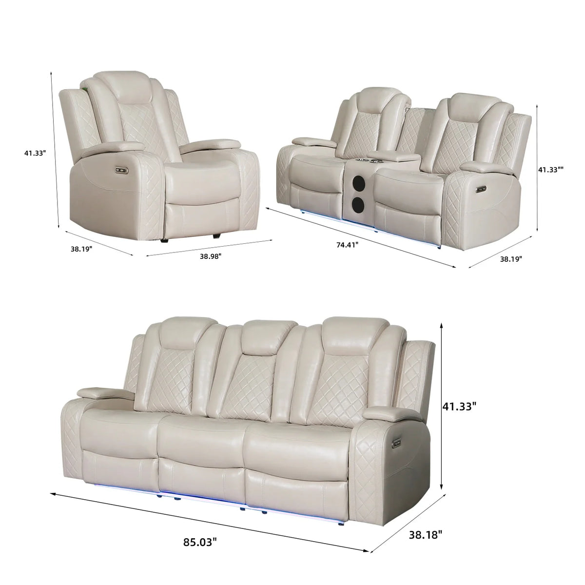 Power Reclining Sofa Couch with Wireless Charger 3 Seaters Recliner  Reading Light Leather Bluetooth Speaker Theater Seating LED