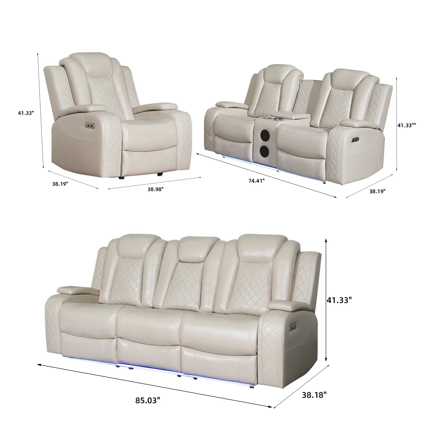 Power Reclining Sofa Couch with Wireless Charger 3 Seaters Recliner  Reading Light Leather Bluetooth Speaker Theater Seating LED