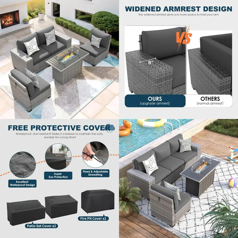 gray wicker outdoor patio furniture set with fire pit and thick cushions