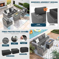 gray wicker outdoor patio furniture set with fire pit and thick cushions