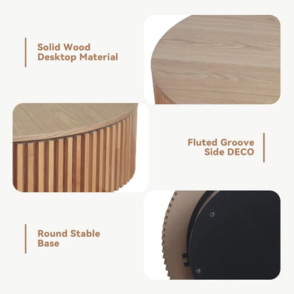 Modern Fluted Drum Coffee Table with Storage, Solid Wood Veneer, Circular Center Table for Living Room
