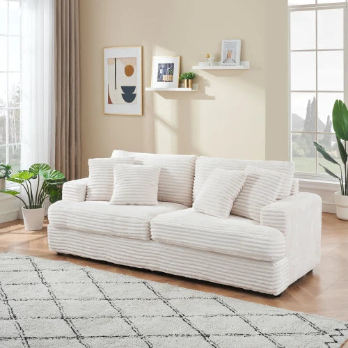 79.3-inch long corduroy sofa with 4 matching pillows, stylish design, spacious and comfortable 3-person sofa, white