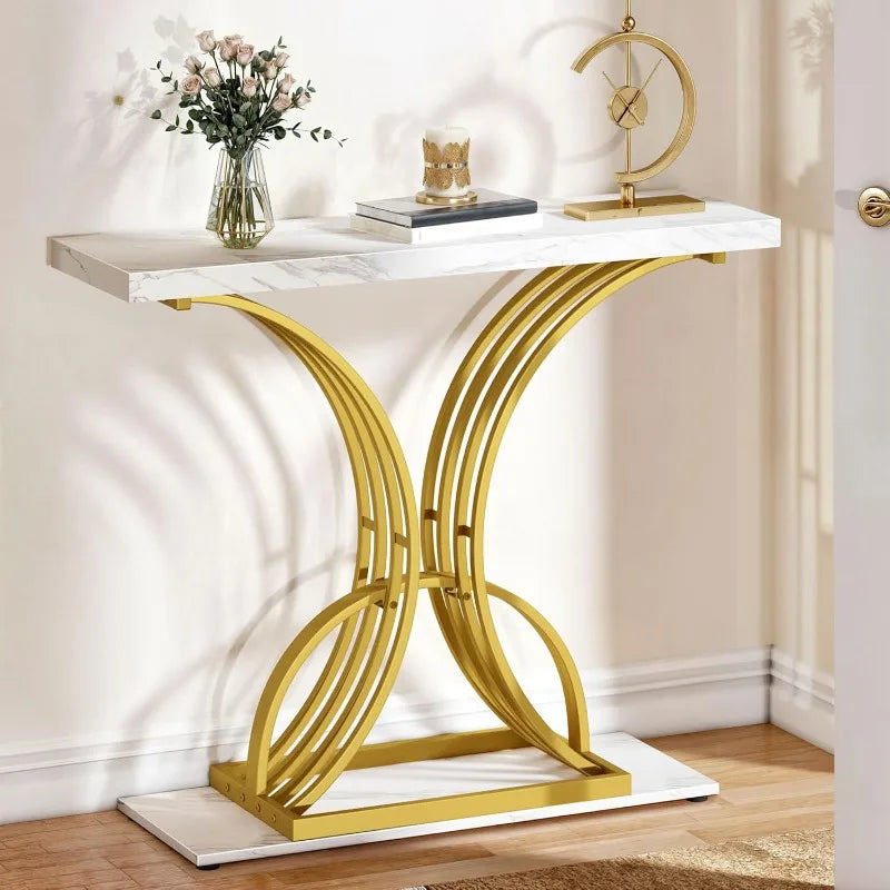 Gold Console Table,40 inch Entryway Tables Narrow Sofa Table for Living Room, Hallway, Faux Marble White