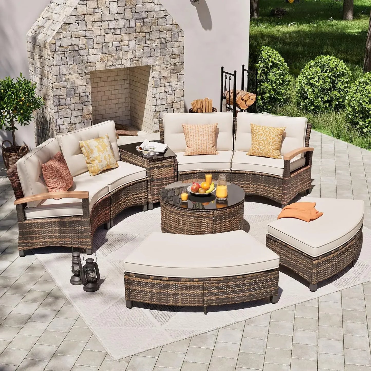 Multi-piece Outdoor Patio Furniture Sets, Half Moon Curving Part of The Sofa Rattan Patio Conversation Sets