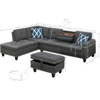 4 Seat Linen Upholstered Sectional Sofa Set 3 PCS W/Cup Holders & Coffee Table,for Home,Office,Dark Gray