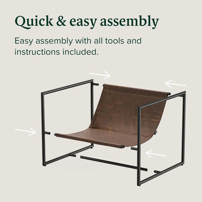 Faux Leather Sling Accent Chair, Metal Framed Armchair with Shredded Foam Cushioning, Cocoa Brown