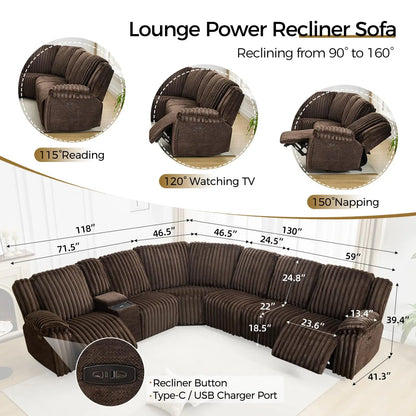 6 - Seater Power Reclining Living Room Sectional Sofa with Wireless Charger, Plush Faux Fur Couch with 2 Recliner