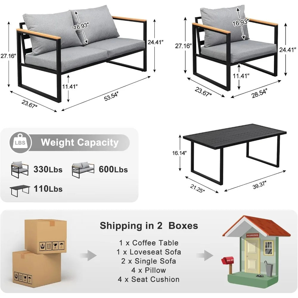 Outdoor Metal Patio Furniture Sets 4-Piece, Sectional Outdoor Conversation Sets w/Iron Coffee Table, Patio Couch with Rem