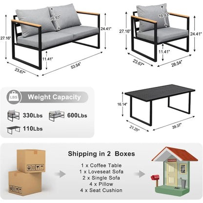 Outdoor Metal Patio Furniture Sets 4-Piece, Sectional Outdoor Conversation Sets w/Iron Coffee Table, Patio Couch with Rem