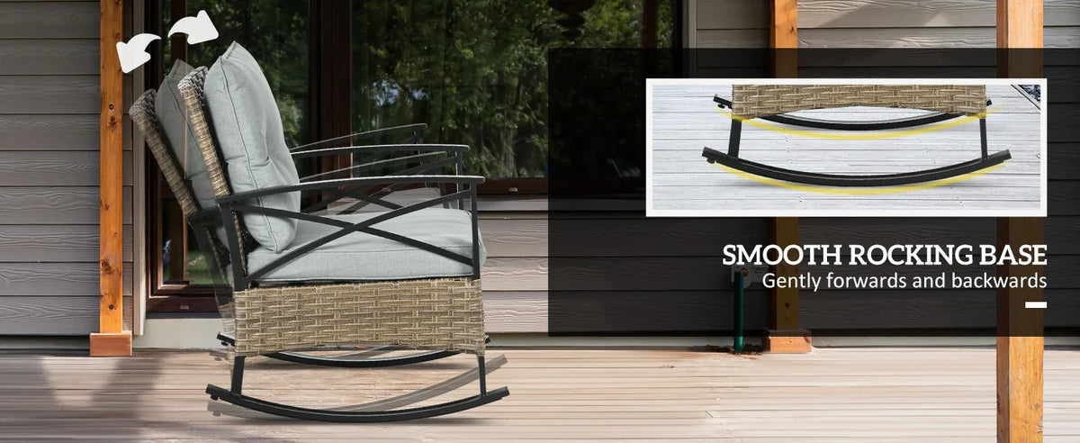 3 Piece Patio Rocking Chair Set, Outdoor Wicker Bistro Set with 2 Cushioned Porch Rockers and 2 Tier Coffee Table for Garden, Po