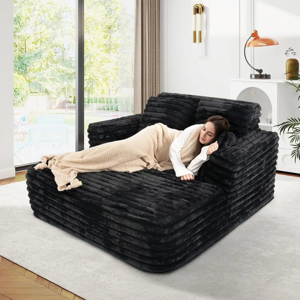 Oversized Plush Faux Fur Chaise Lounge Chair Indoor Sleeper Sofa Couch Bed with Pillows and Wide Armrests, Comfy Cloud Sofa for