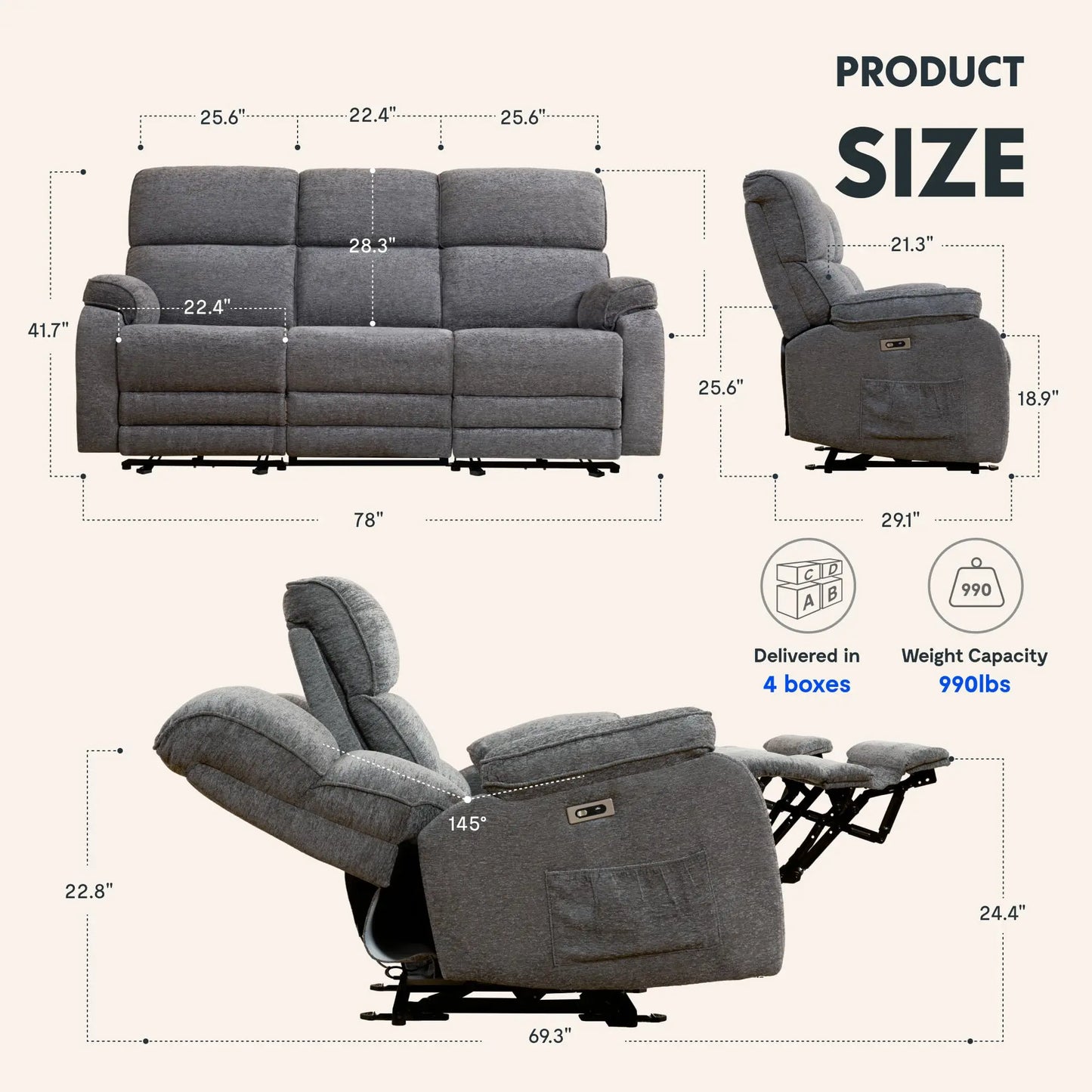 Couch with Massage Heat Zero Gravity Electric Reclining Sofa Power Recliner Sofa with Console Charging Ports for Home Theater