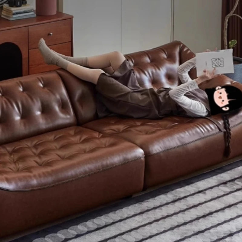 Retro oil wax leather sofa, small apartment living room straight row sofa, large sitting depth movable backrest medium ancient