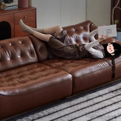 Retro oil wax leather sofa, small apartment living room straight row sofa, large sitting depth movable backrest medium ancient