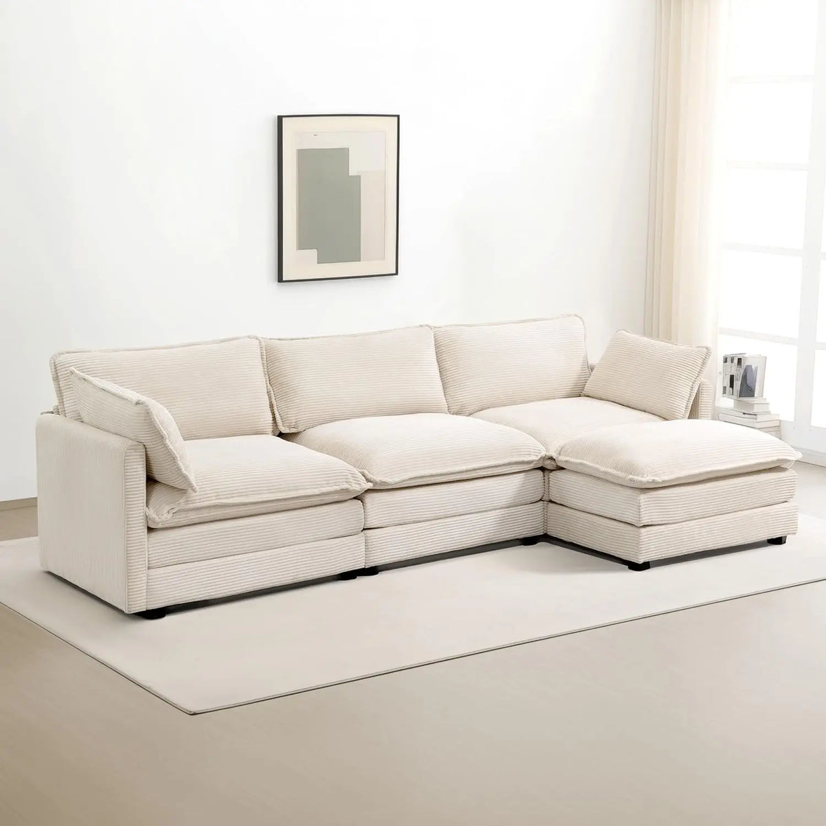 Oversized Modular Sectional Sofa Movable Ottoman 112in 4 Seat Corduroy Convertible L Shape Living Room Office Beige Custom