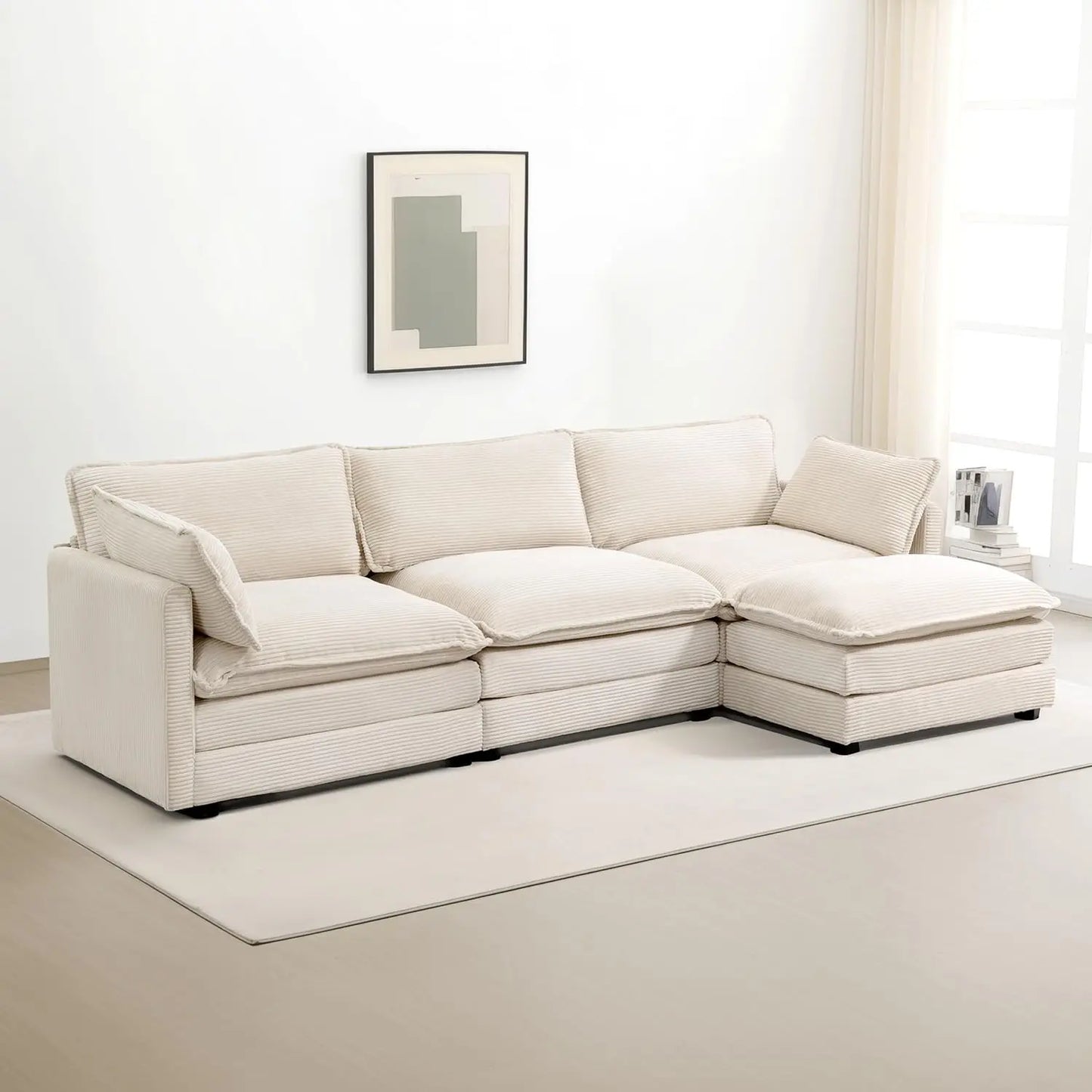 Oversized Modular Sectional Sofa Movable Ottoman 112in 4 Seat Corduroy Convertible L Shape Living Room Office Beige Custom