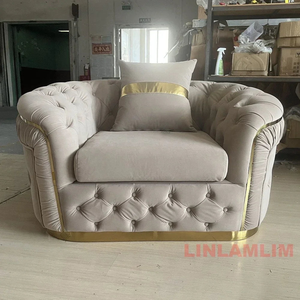 Luxury Chesterfield Sectional Sofa Set With Cloth Buttons And Fabric Modular Couch With Gold Stainless Steel Base, 3-seater