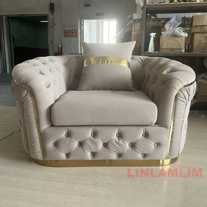 Luxury Chesterfield Sectional Sofa Set With Cloth Buttons And Fabric Modular Couch With Gold Stainless Steel Base, 3-seater