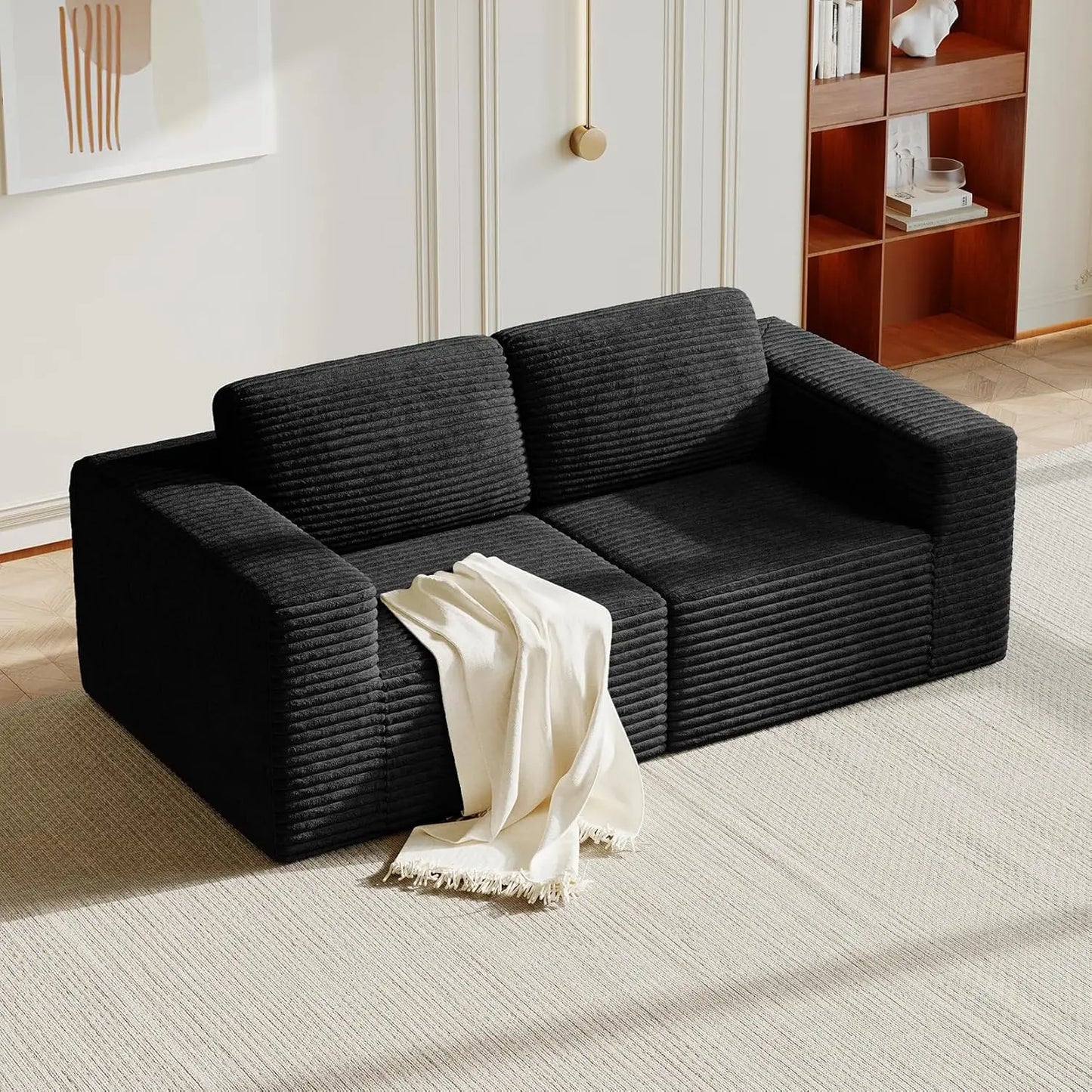 97" L-Shape Modular Sofa, 3-Seat Corduroy Couch with Movable Ottoman, Sectional Sofa for Living Room, Green, Customized