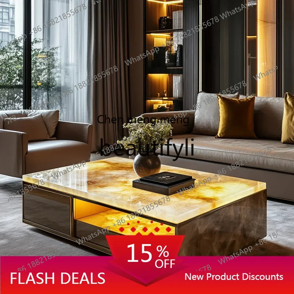 11Customized square modern luminous jade coffee table living room design large flat luxury stone villa marble home