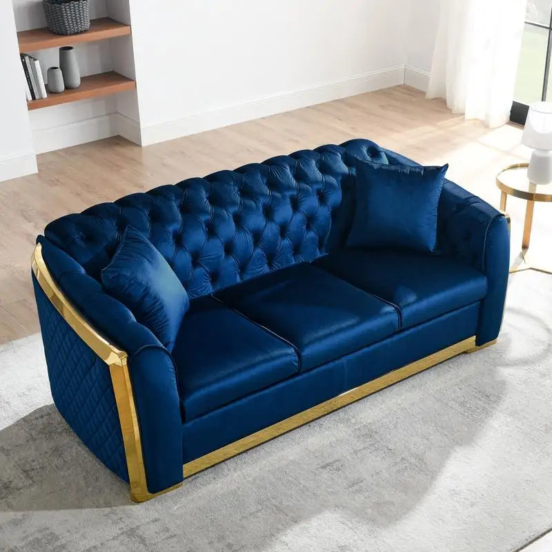 Navy Blue Velvet Chesterfield Sofa Set, Tufted 3-Seater Couch with Gold Stainless Accents for Living Room, New Package