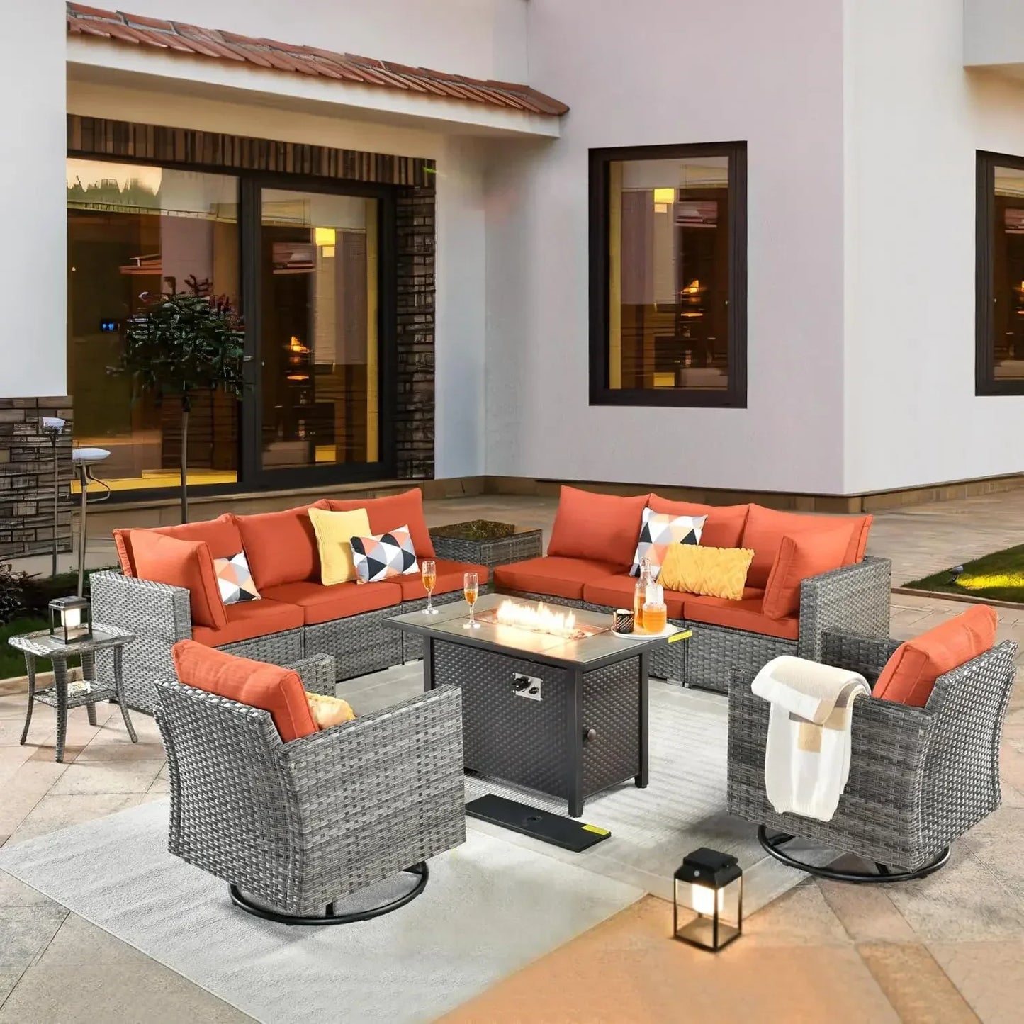 Outdoor Patio Furniture Set with Fire Pit Table,Conversation Sectional Wicker Couch with Modern Outside Sofa  for Balcony