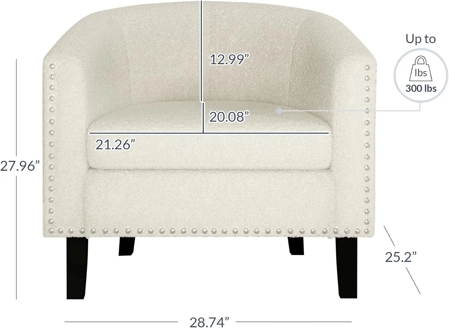 Upholstered Barrel Chair with Silver Trim & Black Legs - Kyara (White/Polyester)