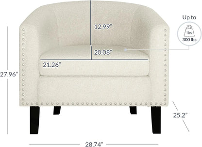 Upholstered Barrel Chair with Silver Trim & Black Legs - Kyara (White/Polyester)