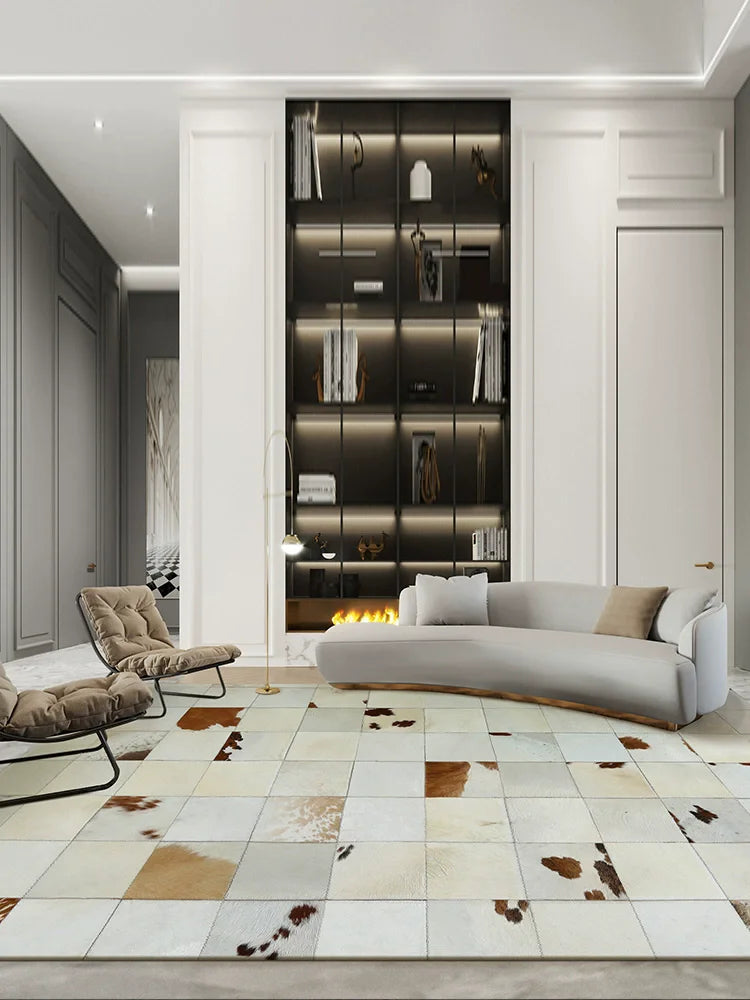 Modern Premium Cowhide Splicing Bedroom Carpet Home Docor Rugs For Living Room Natural White Plaid Floor Mat Customized Size Rug