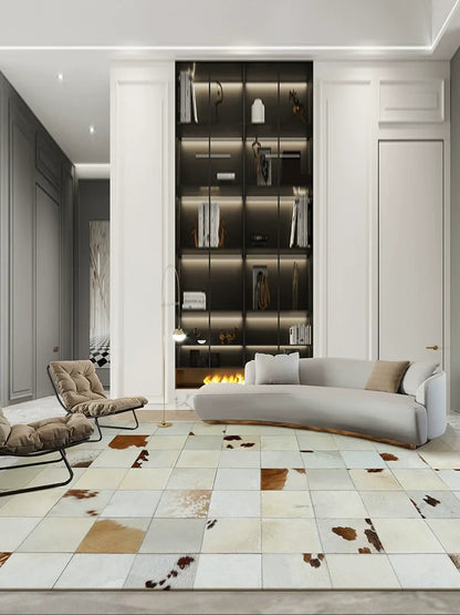 Modern Premium Cowhide Splicing Bedroom Carpet Home Docor Rugs For Living Room Natural White Plaid Floor Mat Customized Size Rug