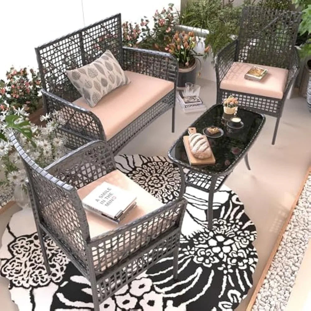 Outdoor 4 Pieces Furniture Set PE Wicker Chairs,Rattan Loveseat,Patio Conversation Sofa For Pool Yard,Garden Or Backyard