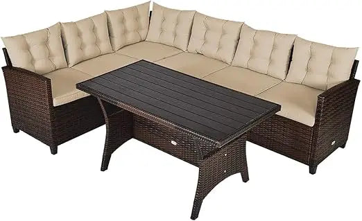 3-Piece Outdoor Patio Furniture Set Rattan Wicker Sofa Set with Seat & Back Cushions, Manual Weaving Conversation Set with Coff