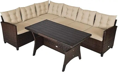 3-Piece Outdoor Patio Furniture Set Rattan Wicker Sofa Set with Seat & Back Cushions, Manual Weaving Conversation Set with Coff