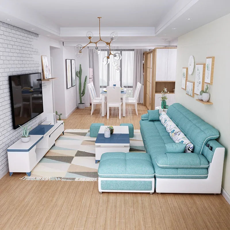 Nordic Modern Sky Blue L-Shaped Corner Sofa Soft Three Seater Loveseat and Bunk Bed Couch Set for Living Room
