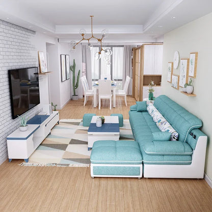 Nordic Modern Sky Blue L-Shaped Corner Sofa Soft Three Seater Loveseat and Bunk Bed Couch Set for Living Room