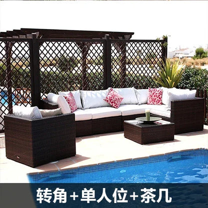 Outdoor rattan sofa, rainproof and sunscreen woven three piece set, tea table combination, outdoor furniture