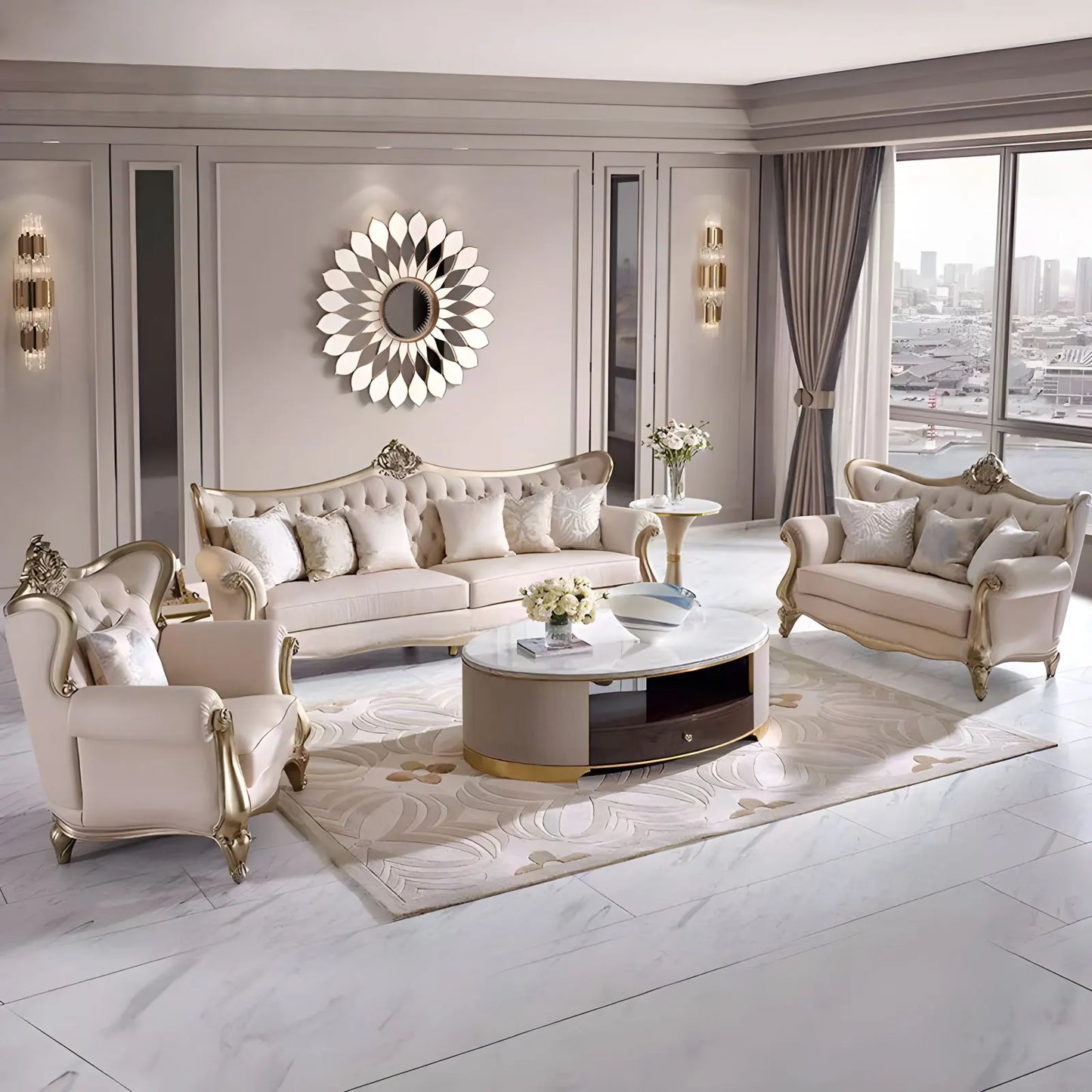 French cream wind solid wood leather living room sofa combination luxury villa sofa high-end luxury