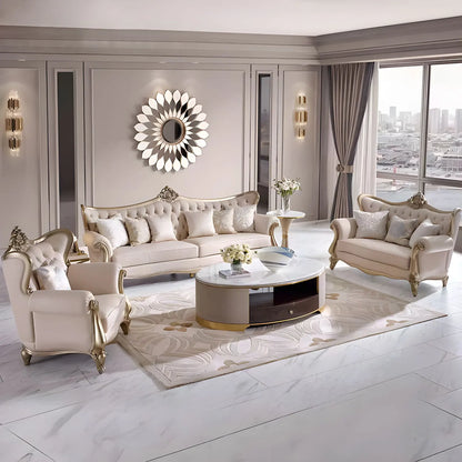 French cream wind solid wood leather living room sofa combination luxury villa sofa high-end luxury