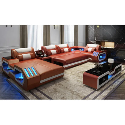 2025 High Quality Modern Luxury smart Leather Sectional Sofa Chairs Set Couch Living Room furniture Sofas With Led