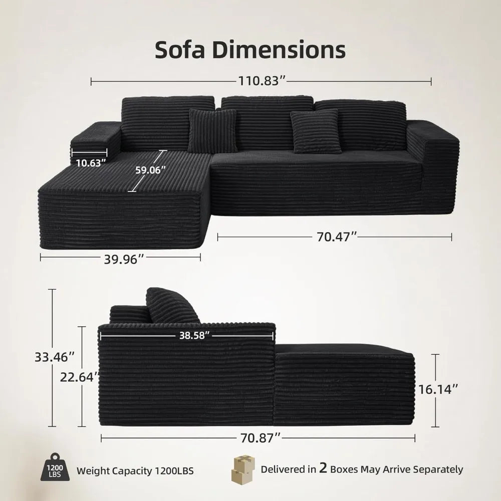 Cloud Couch Sectional 110'' L-Shape Corduroy Modular Sofa Deep Seat Upholstered Living Room Furniture Boneless Couch for Comfort