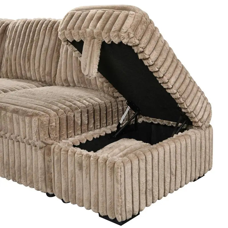L-Shaped Corduroy Sleeper Sofa Bed with Storage Ottoman & Pull-Out Bed for Living Room, Brown Sectional Couch