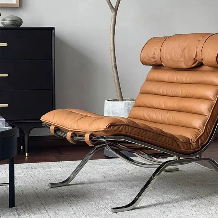 Designer Ari Chair Full Leather Leisure Light Luxury Simple Medieval Back Chair Stainless Steel Reclining Chair