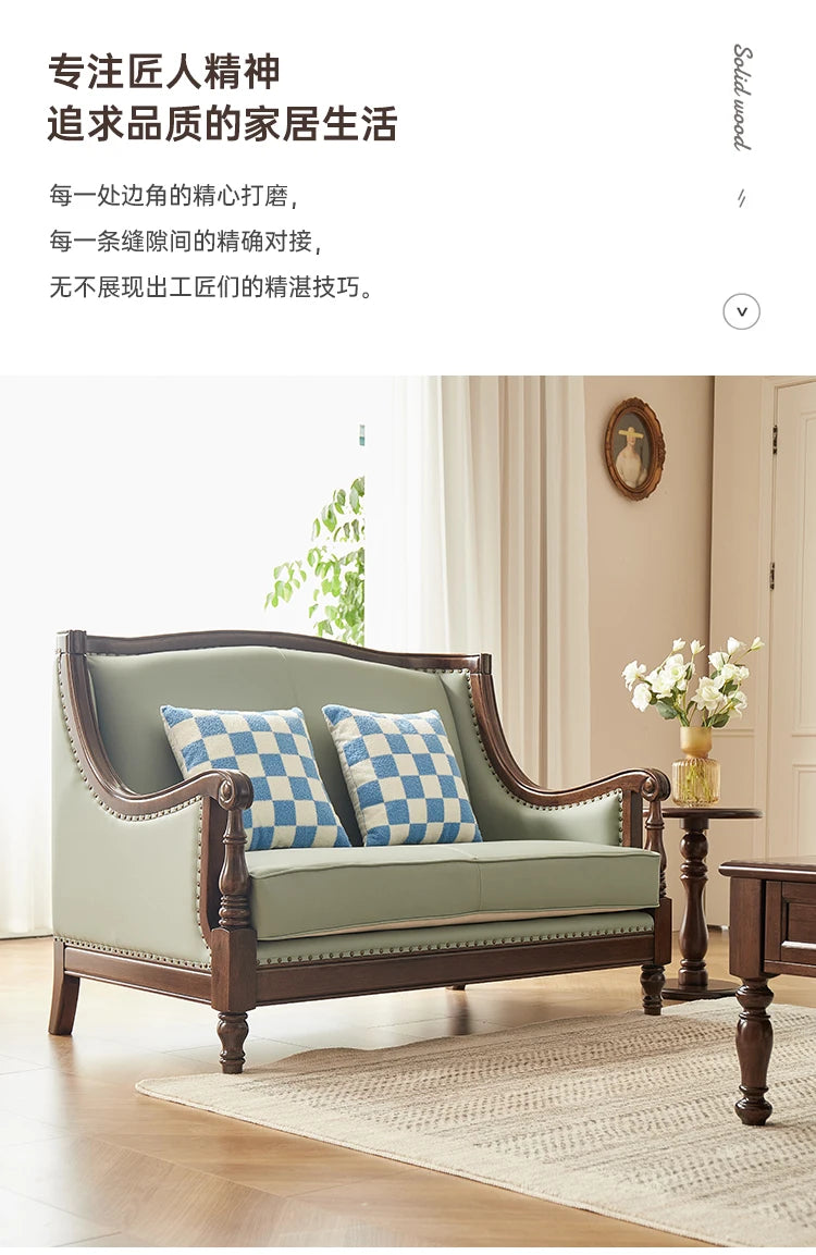 XL retro sofa walnut wood solid wood leather first layer cowhide combination sofa living room furniture