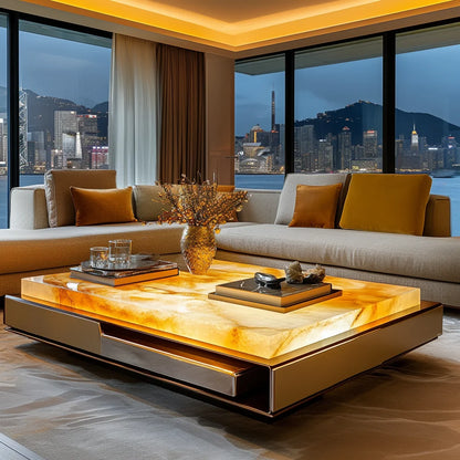 Square luminous jade luxury stone coffee table living room custom square modern luxury stone light luxury villa