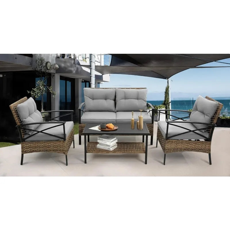 Outdoor Patio Furniture Set, 4 Piece Backyard Wicker Conversation Sets, Rattan Sofa with Table for Balcony Porch Outside