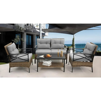 Outdoor Patio Furniture Set, 4 Piece Backyard Wicker Conversation Sets, Rattan Sofa with Table for Balcony Porch Outside