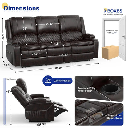 3 Seat Recliner Sofa with Console, Armrest, PU Leather, Cup Holders, USB Ports, Living Room/RV, Customized