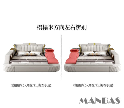 Tech Smart Bed 2 People with King Size Bed Frame Queen, Genuine Leather, Massage, USB, Bluetooth Speaker, and Safe By MINGDIBAO